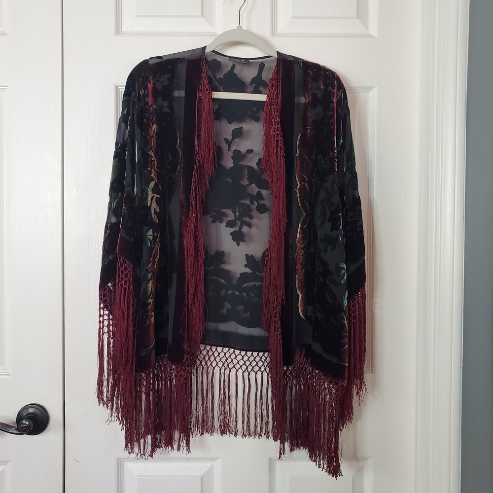 Anis A Burnout Velvet Floral Semi-Sheer Burgundy Fringed Cardigan Kimono One Siz